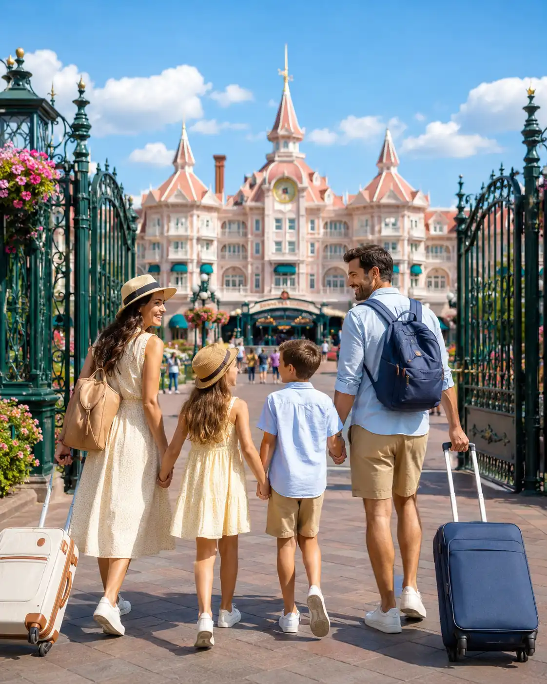 Family arriving by private transfer at the gates of Disneyland Paris in summer 2026