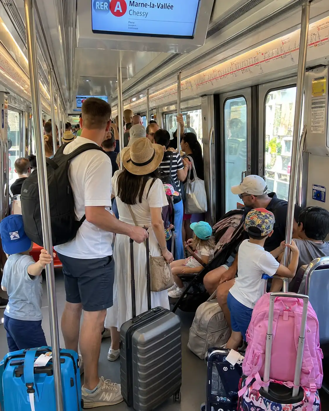 Crowded RER A train heading to Disneyland Paris in summer