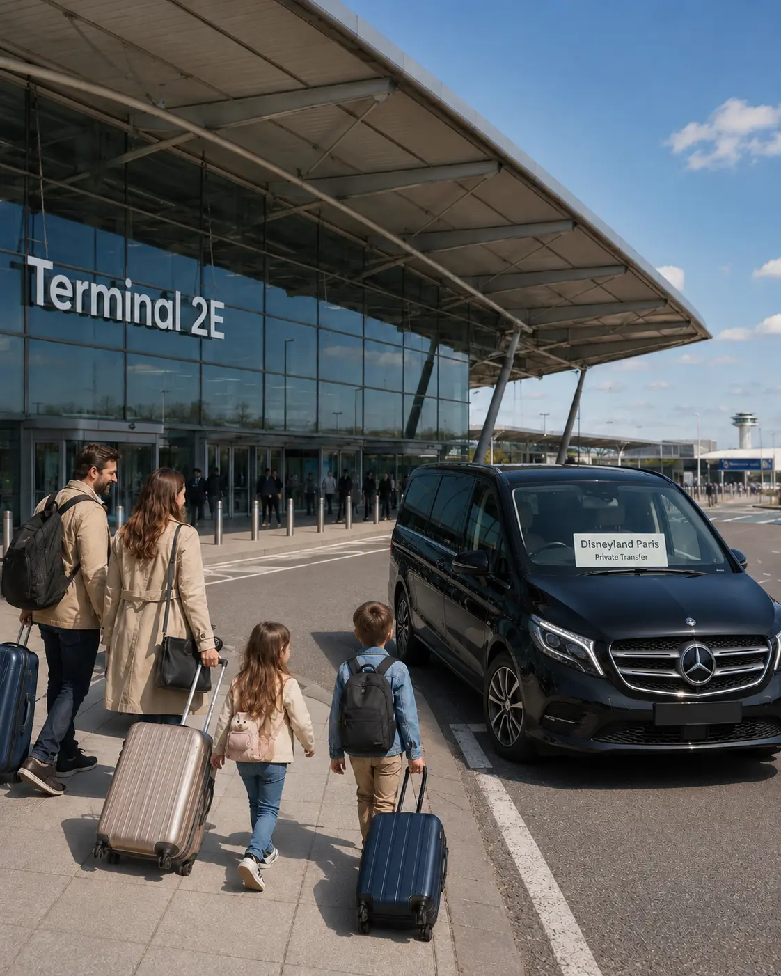 Taxi and private transfer car outside Paris CDG airport bound for Disneyland Paris