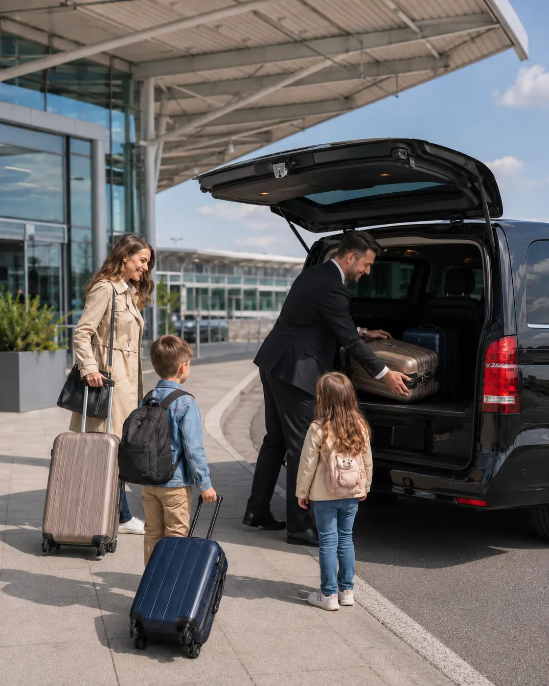 Family loading luggage into a private transfer car at CDG for Disneyland Paris