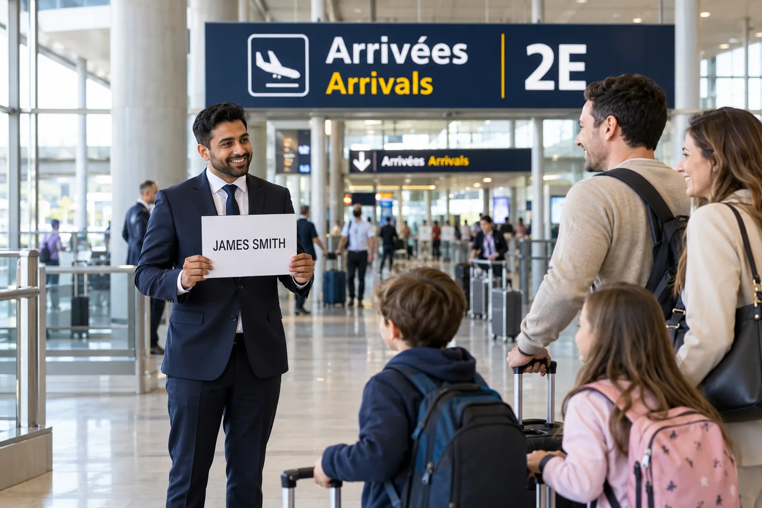 Airport meet and greet with a passenger name sign