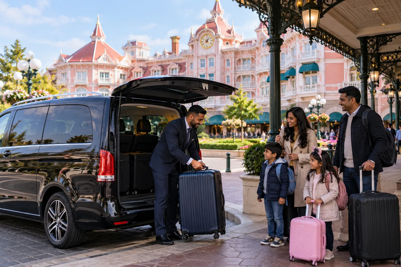 Family hotel drop-off after a private Mercedes van transfer