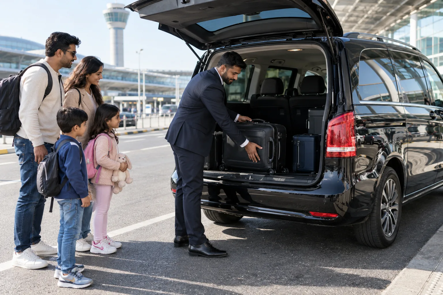 Luggage being loaded into a Mercedes VIP van