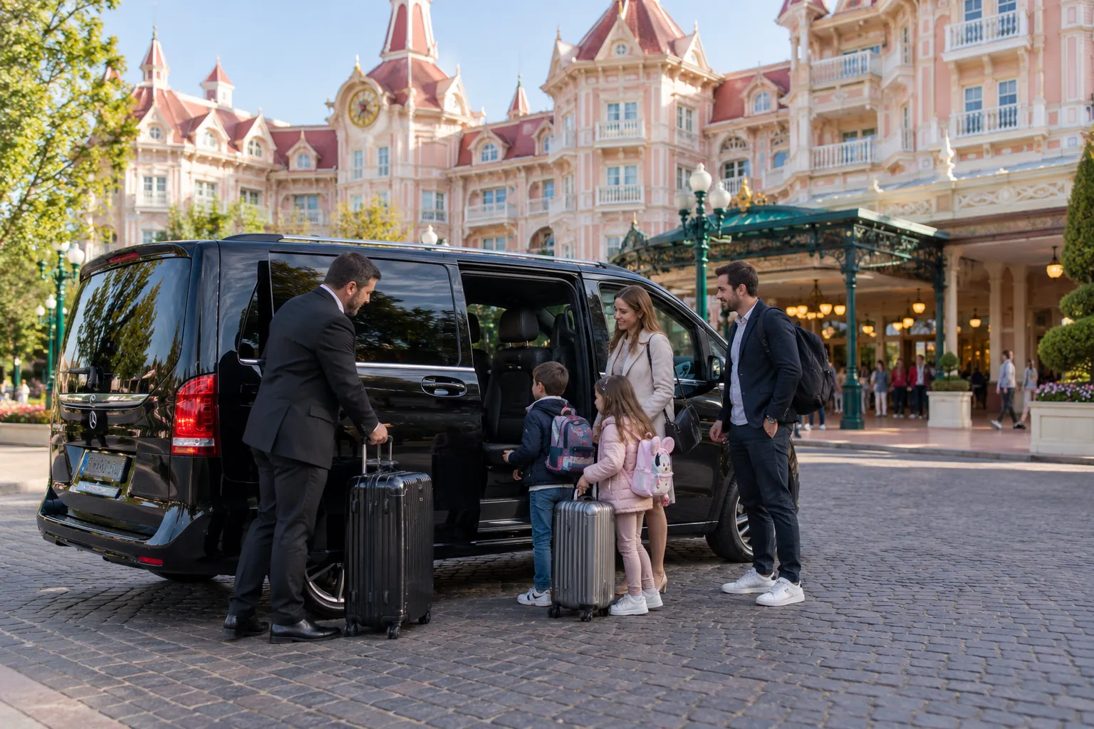 Chauffeur dropping passengers at a Disneyland Paris hotel after pickup at Gare du Nord