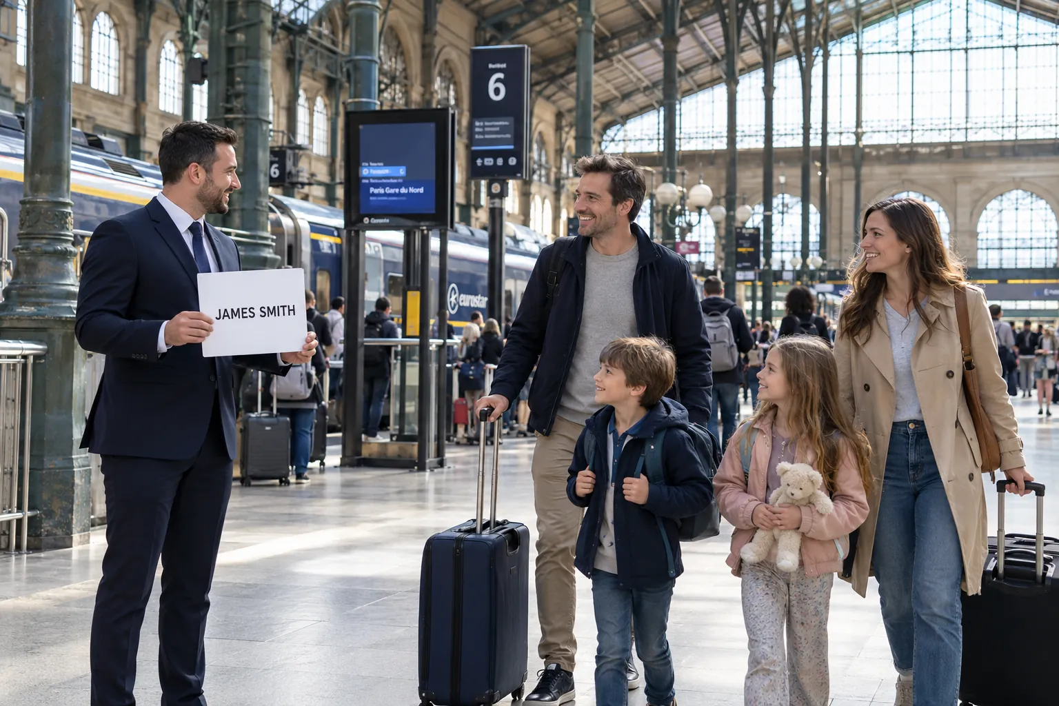 Private chauffeur welcoming passengers at Gare du Nord for a Disneyland Paris transfer