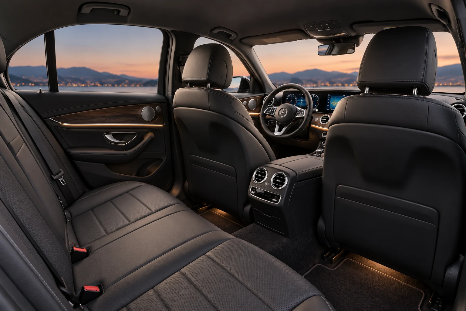 Intérieur confortable d’une Mercedes Classe E avec chauffeur à Paris