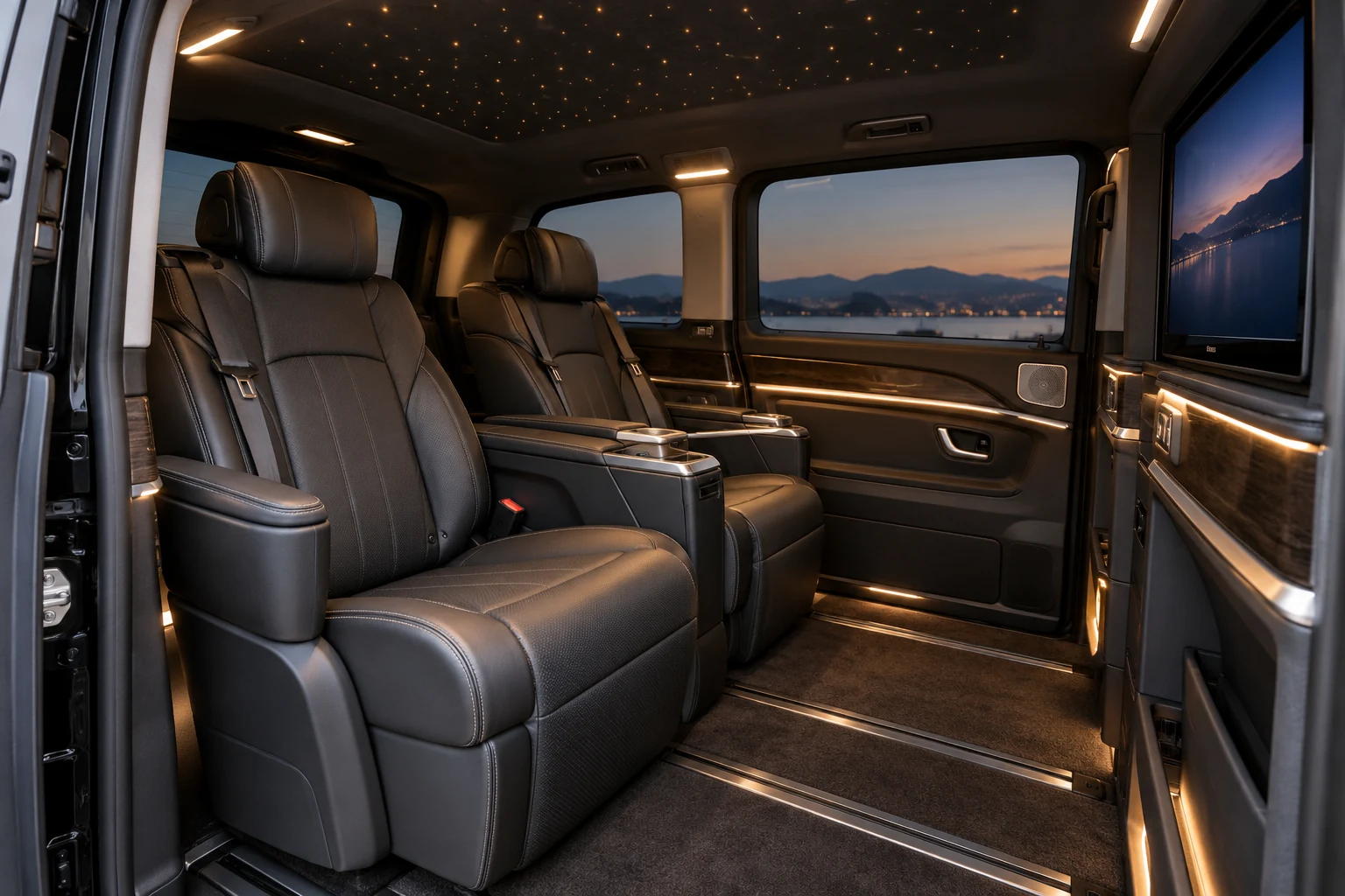 Intérieur du van Mercedes VIP avec ciel étoilé et écran TV